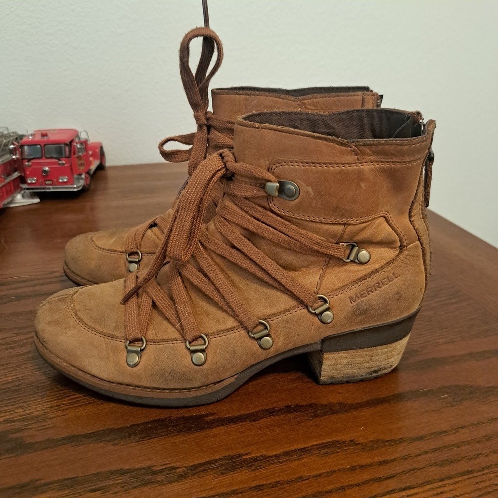 Merrell Women Brown Leather Lace Up Rear Zip Ankle Boots J001738 Size 7.5